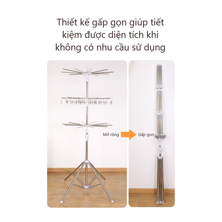 Cây sào phơi đồ inox thông minh gấp gọn Sothing 3 tầng 80 kẹp treo đồ cho bé- Hàng chính hãng