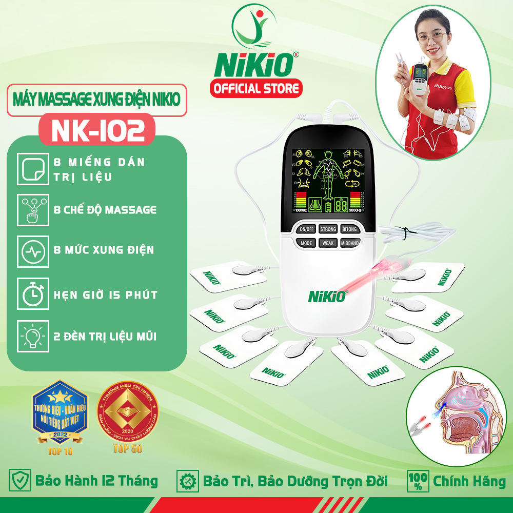 Máy Massage Xung Điện Trị Liệu Nikio NK-102 - 8 Miếng Dán Mát Xa Giảm Đau Nhức Toàn Thân Với Công Nghệ Điện Xung Mới - Đèn Hồng Ngoại Hỗ Trợ Trị Viêm Mũi Dị Ứng, Viêm Xoang - Pin Sạc Không Dây Tiện Lợi
