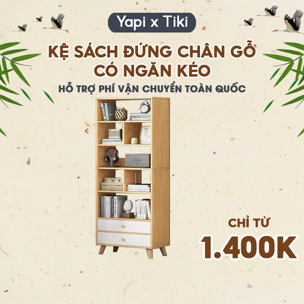 Kệ Sách Chân Gỗ 2 Ngăn Kéo Gỗ MDF Xịn Trang Trí Phòng Khách YAPI GHC-191