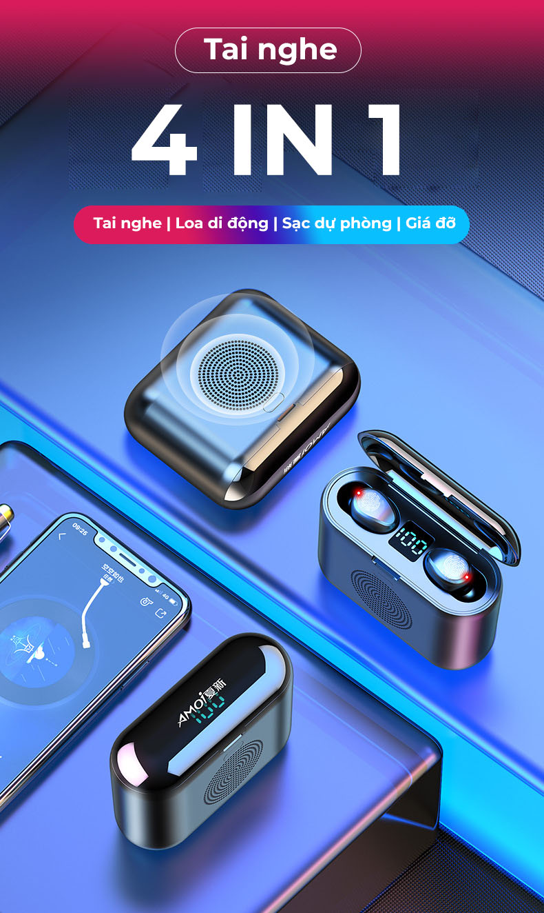 Tai nghe không dây F9 V5.0 KIÊM LOA DI ĐỘNG Bluetooth và PIN SẠC DỰ PHÒNG 2000mAh, tích hợp giá đỡ điện thoại - Hàng chính hãng