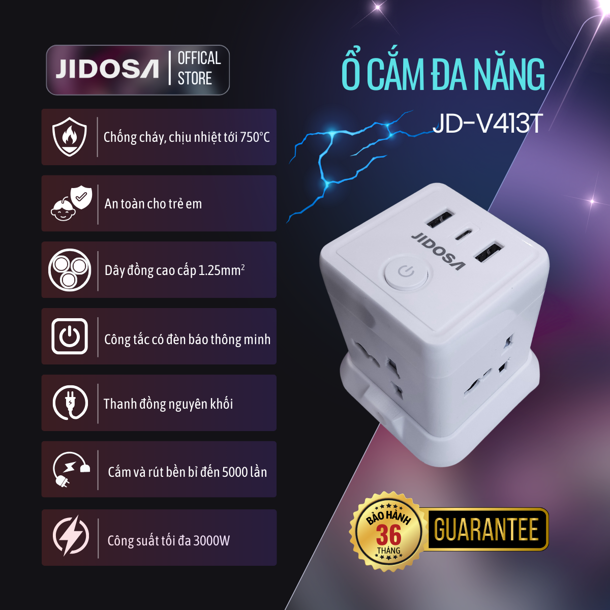 Ổ Cắm Điện JIDOSA Tích Hợp Ổ USB Và Type C Hình Tháp Đa Năng Công suất 3000w Thiết Kế Thông Minh