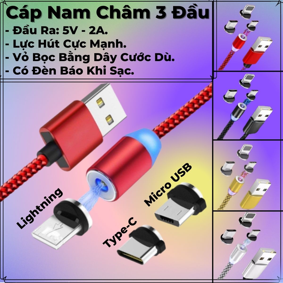 Dây Sạc Nam Châm 2A, Có 3 Đầu Xoay 360 Độ, Dây Dù Có LED Cao Cấp Dài 1m