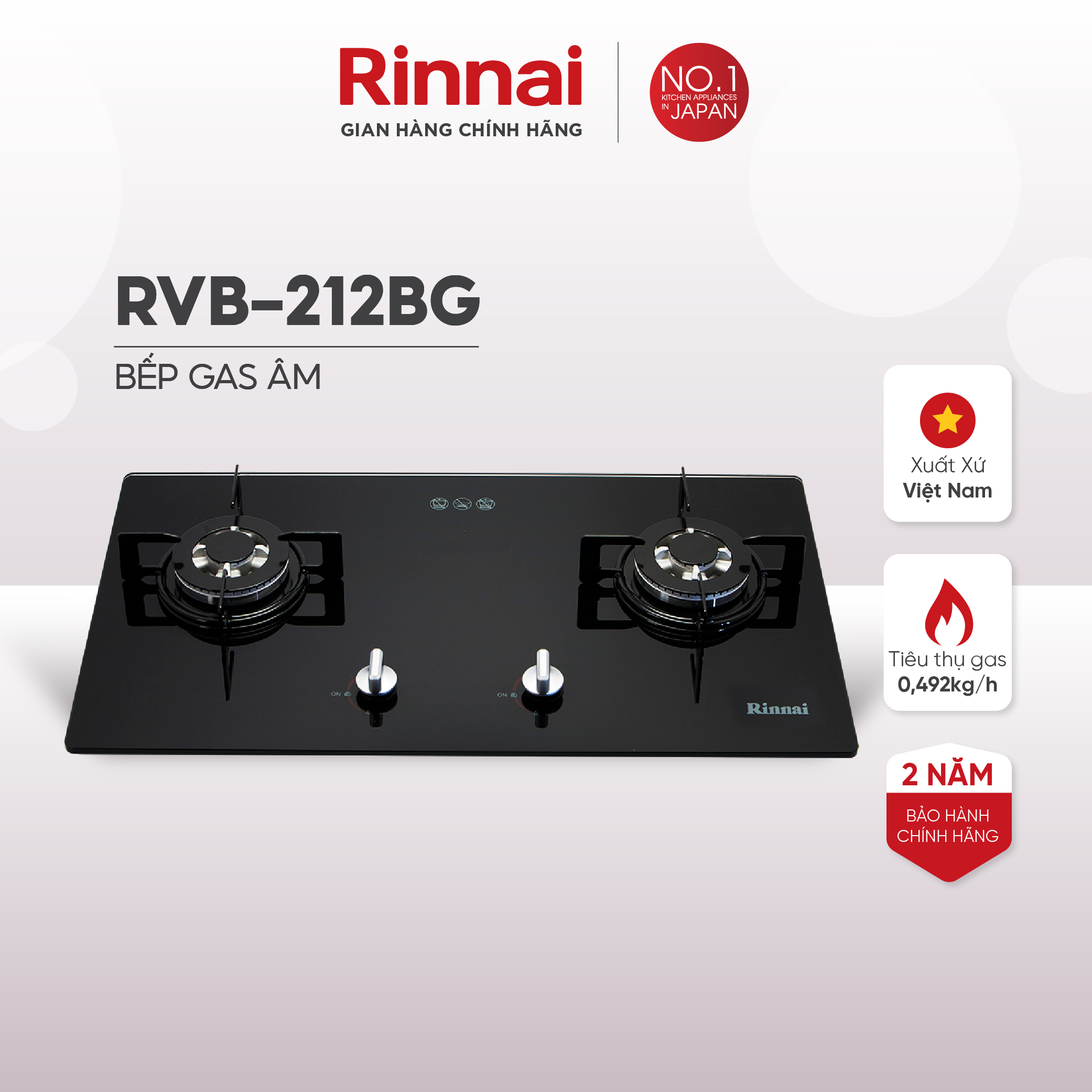 Bếp gas âm Rinnai Rinnai RVB-212BG mặt bếp kính và kiềng bếp men - Hàng chính hãng.