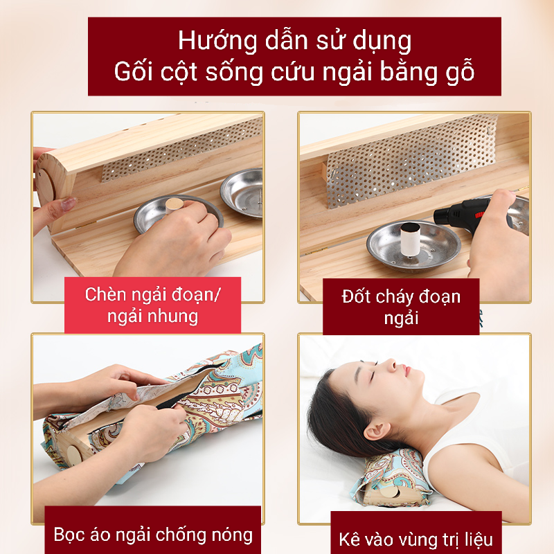 Gối kê cột sống cổ ngải cứu bằng gỗ. Gối gỗ cứu ngải nâng đỡ và chườm cứu ngải Bách Thảo ngải cứu