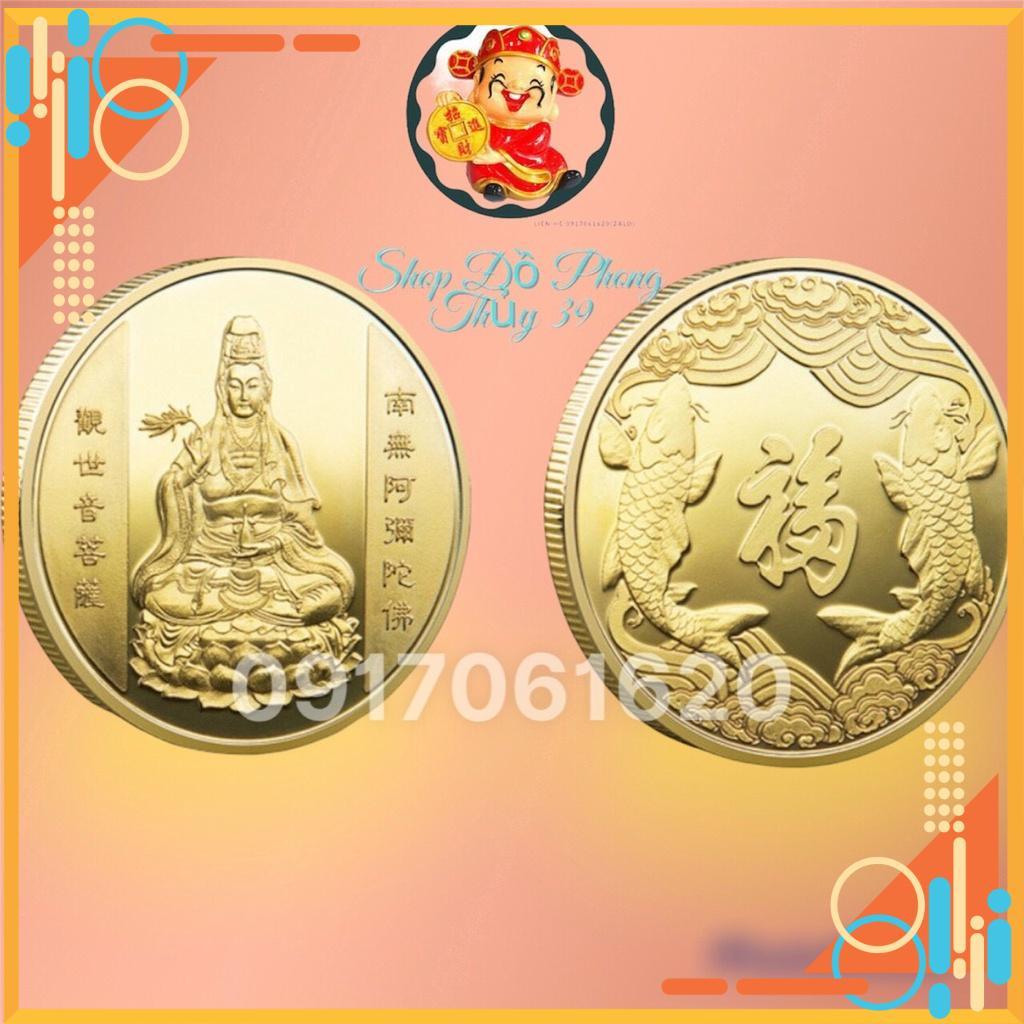 Đồng Xu Quan Âm-Cá Chép Mạ Vàng Tặng Kèm Túi Gấm Tài Lộc May Mắn