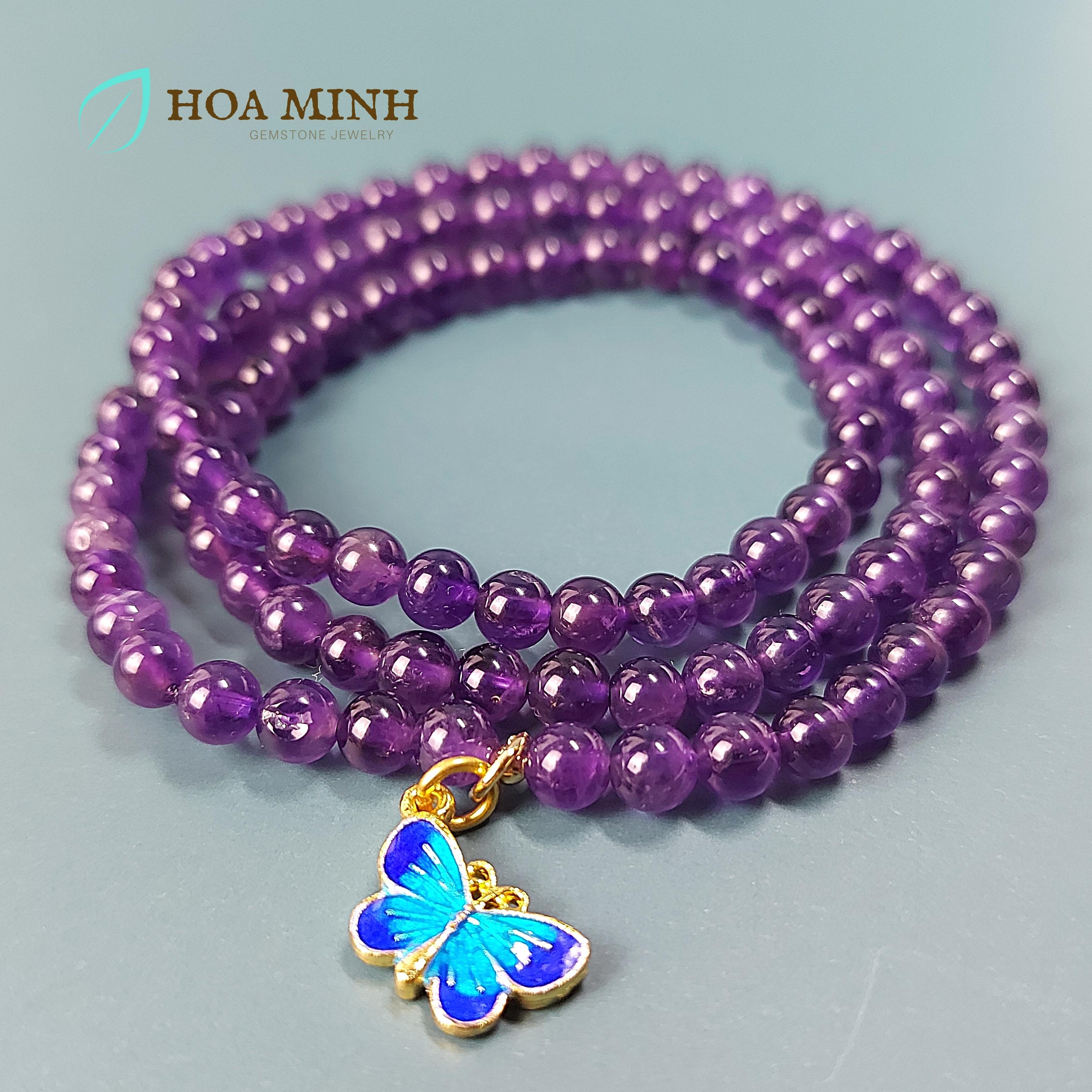 Vòng tay Thạch Anh Tím Amethyst 5 li quấn 3 vòng mix charm bướm xanh sang trọng, hợp mệnh Hỏa Thổ | Hoa Minh Gem