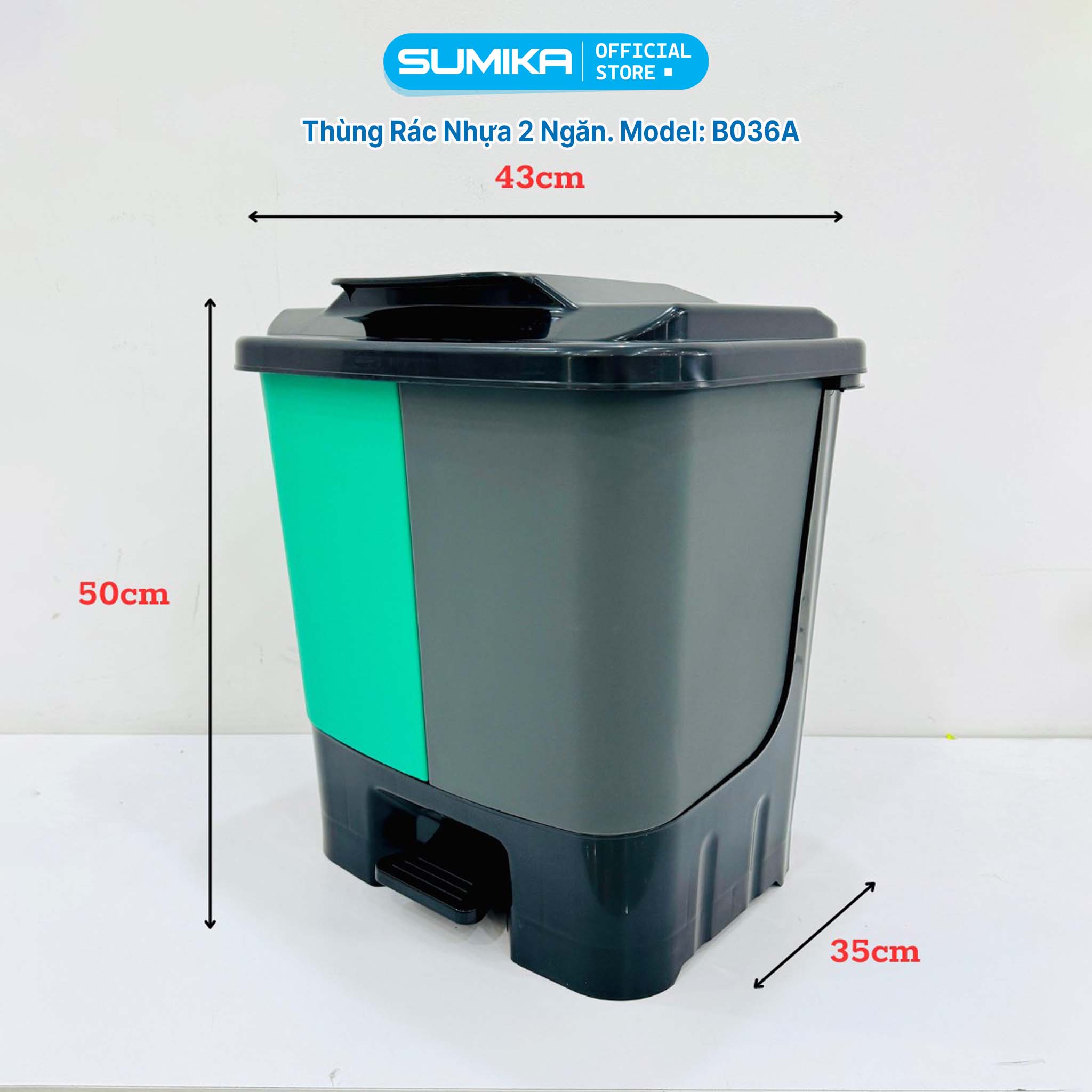 Thùng rác phân loại 2 ngăn SUMIKA B036A, dung tích 40L, nhựa nguyên sinh bền bỉ