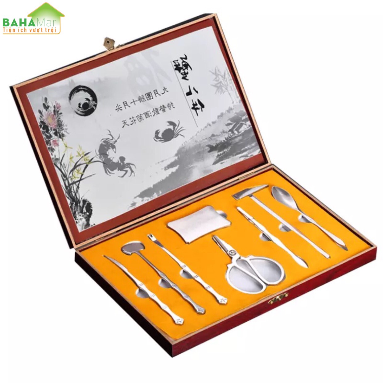 BỘ DỤNG CỤ ĂN CUA GHẸ - HẢI SẢN INOX TIỆN ÍCH CAO CẤP CÓ HỘP GỖ "BAHAMAR" thích hợp cho bất kỳ loại hải sản như tôm hùm, sò, ốc, cua và cũng có thể sử dụng khi ăn quả óc chó, hạnh nhân…