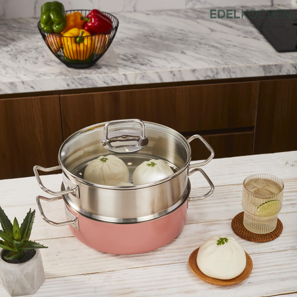 Nồi hấp Edelkochen Solid Hồng 3 lớp 24cm + Xửng hấp Edelkochen Solid 3 lớp 24cm (Bộ)