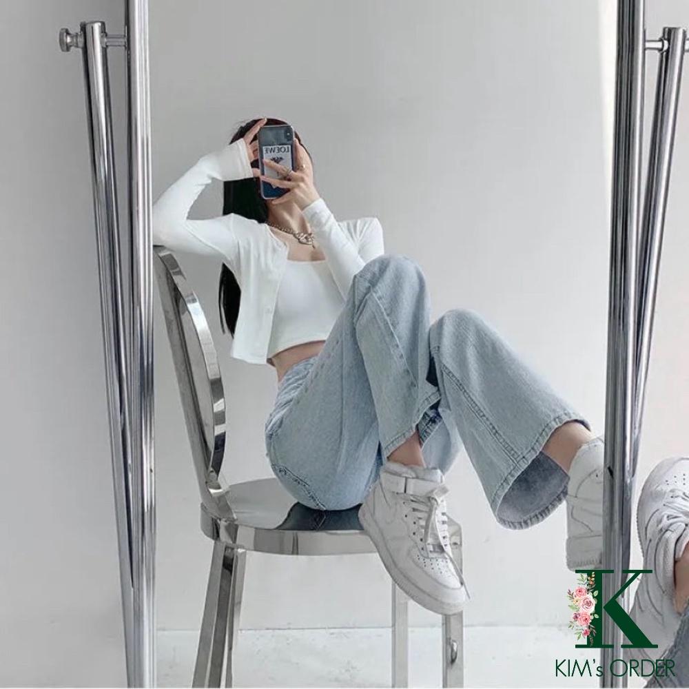 Quần Jean Nữ Cạp 3 Cúc Màu Xanh Bạc Lưng Cao Ống Suông Dài Phom Rộng Phong Cách Hàn Quốc Chất Vải Co Dãn Cao Cấp Loại 1
