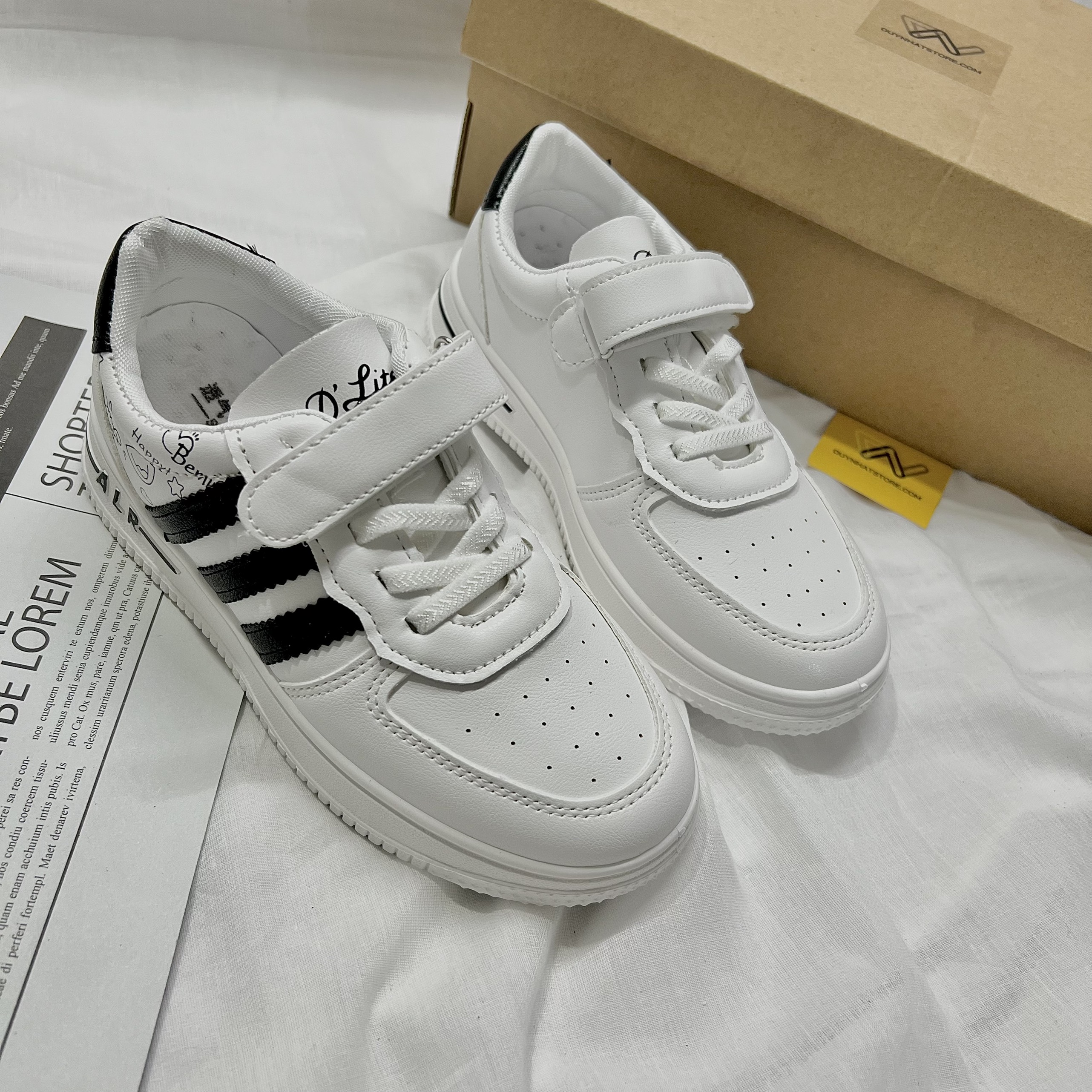 Giày Thể Thao Em Bé Gái Trai 3 Sọc Nhiều Màu Trắng Đen Đẹp Duy Nhật Store Uzzang Đẹp Êm Sneaker Bata Size Lớn Dán Dây