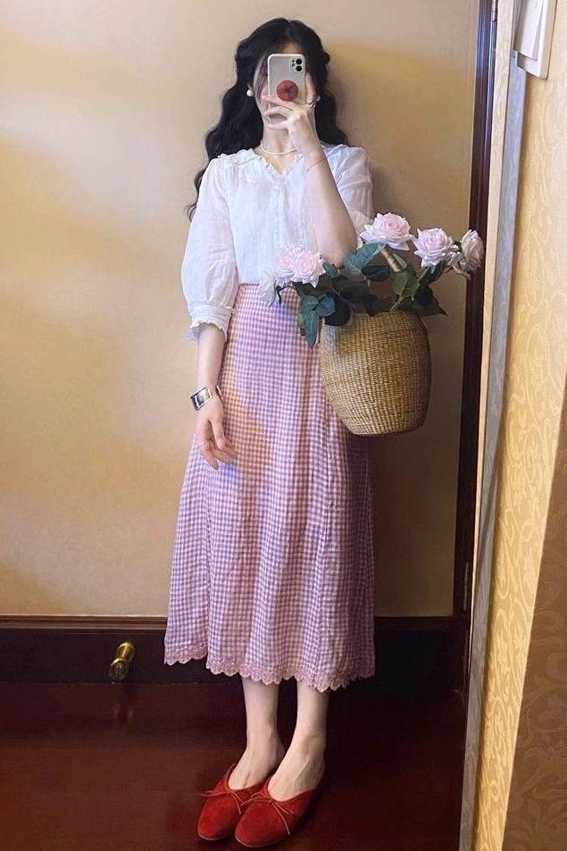 DIYIWEI Váy đỏ giảm tuổi, hoạt bát, dịu dàng, váy ngọt ngào, váy kẻ caro, váy nửa người.