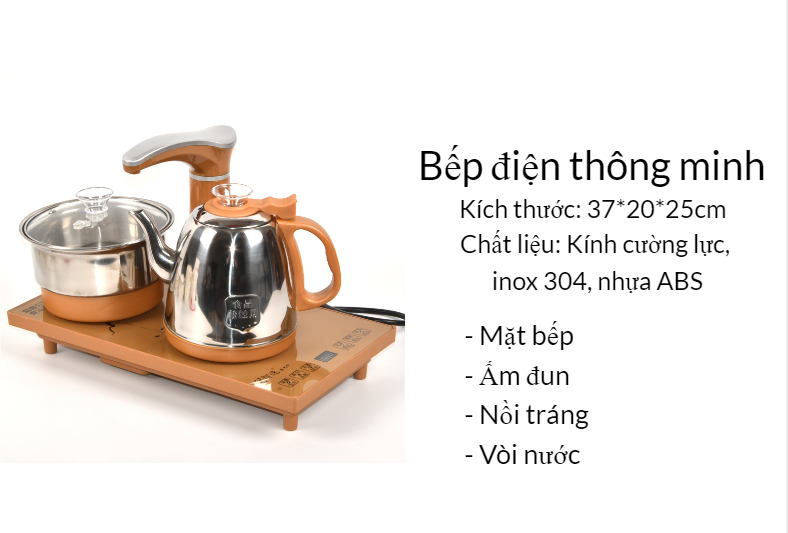 Bàn trà điện thông minh giá rẻ mẫu gỗ sồi sơn PU đen - Gồm đầy đủ bàn, bộ bếp pha trà, cùng ấm chén - Chữ thư pháp