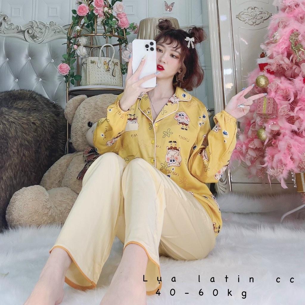 Đồ bộ nữ mặc nhà, đồ ngủ Pijama dễ thương lụa latin tay dài quần dài, Freesize dưới 60kg MYSTORE S24