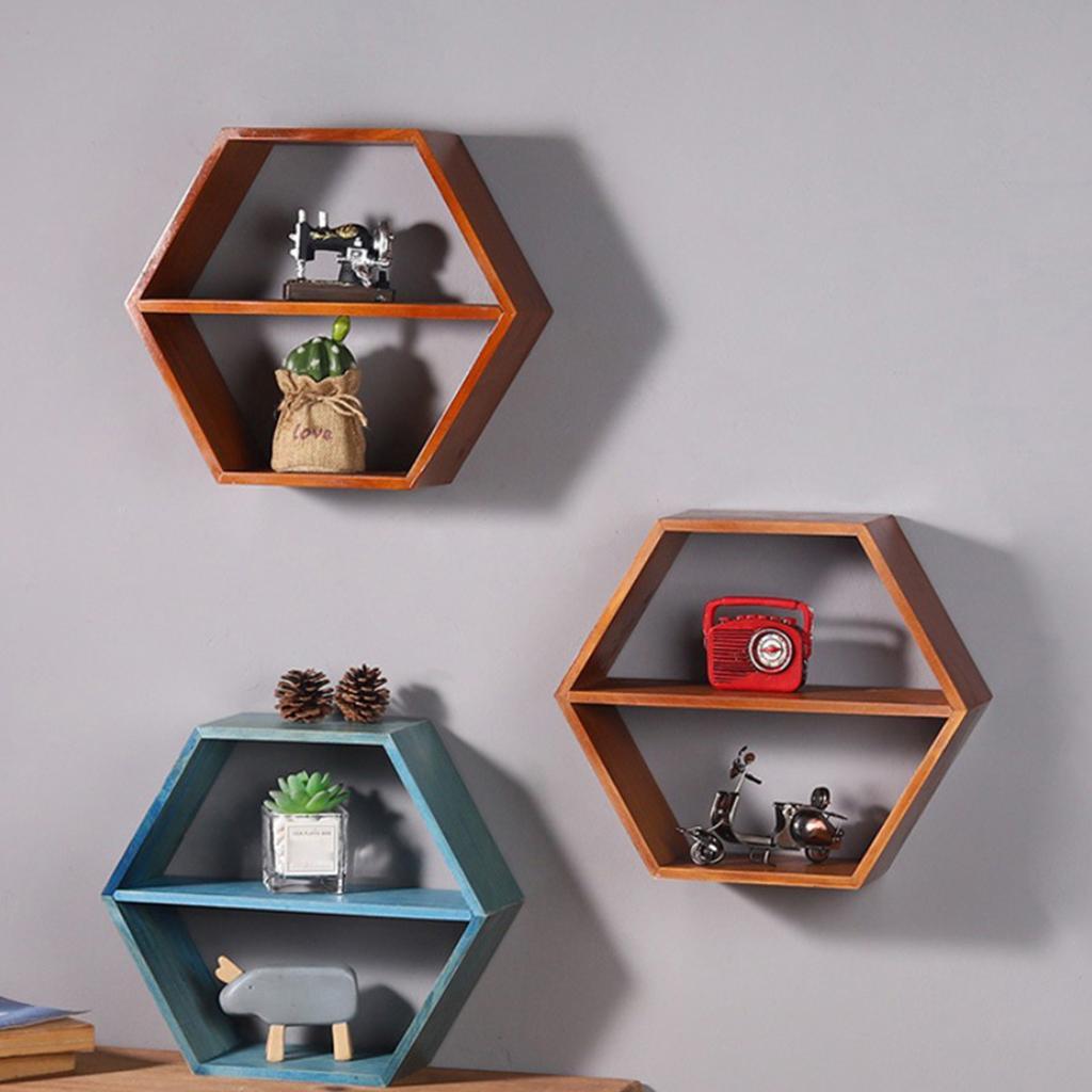 Wall Mount Floating Shelf Organizer Hexagon Decorative Home Bathroom Blue