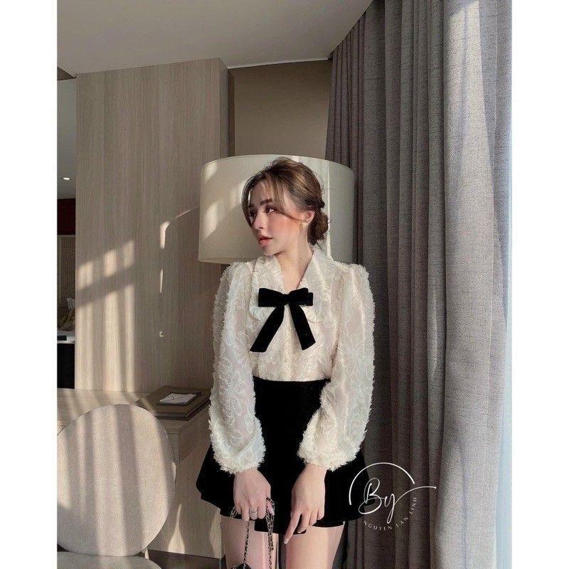 Áo sơ mi lông đính nơ cao cấp