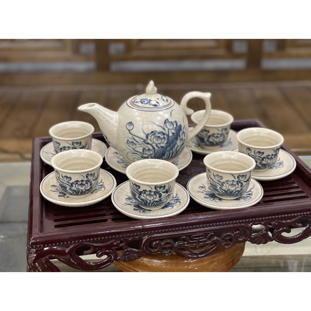 Bộ ấm chén chóp lửa men rạn số 1 vẽ hoa sen Bát tràng