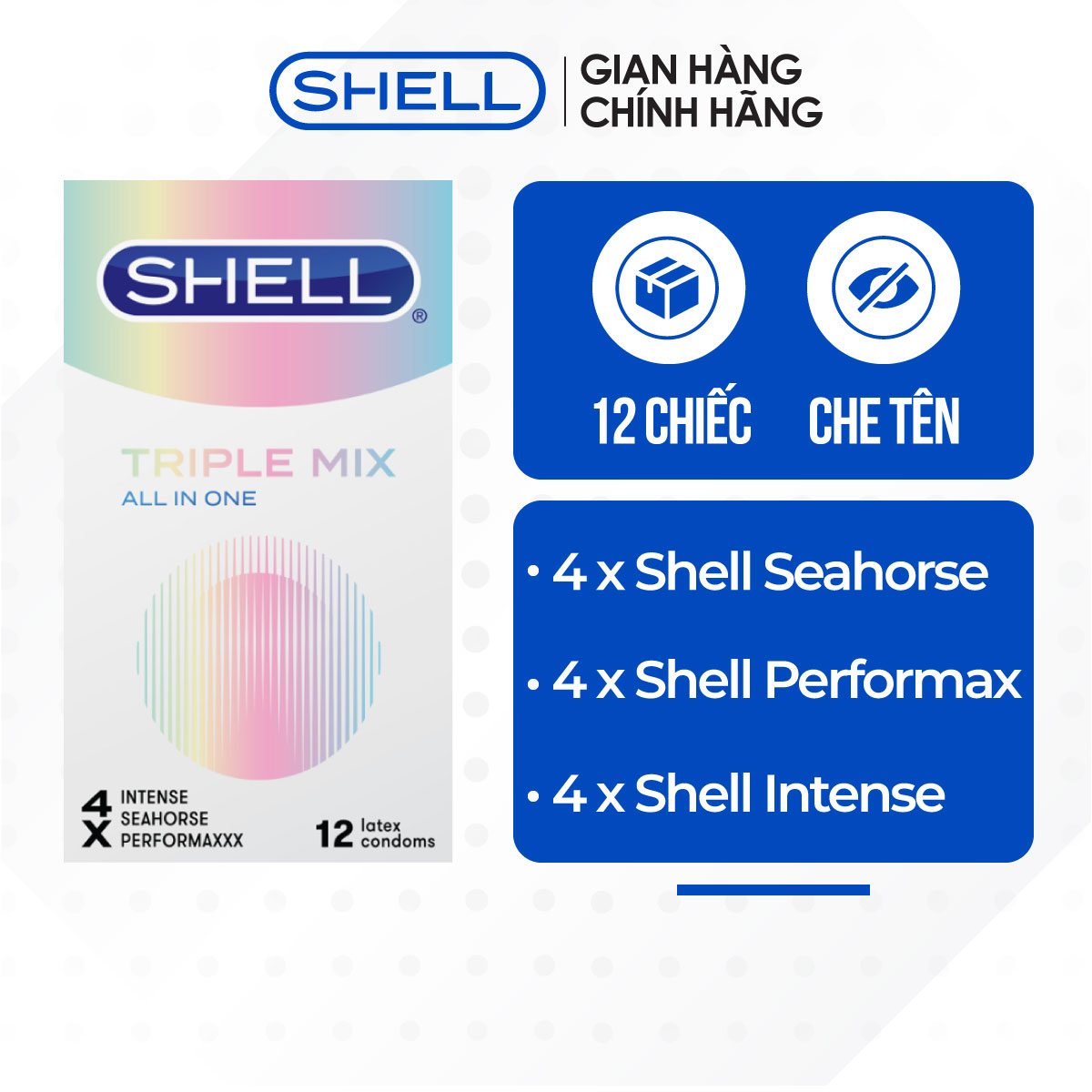 [Hộp 12 cái] Bao cao su Shell Triple Mix - Siêu mỏng, mát lạnh, gân gai 