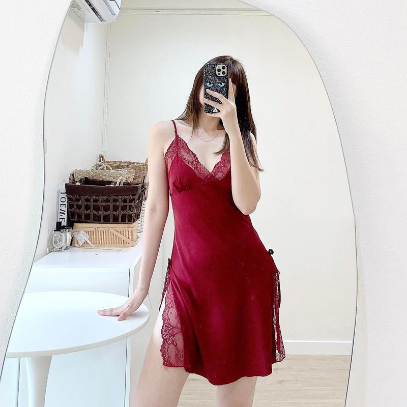 Váy ngủ lụa cao cấp Q06 - Váy ngủ lụa phối ren xẻ tà - Đầm ngủ sexy hai dây gợi cảm- Váy ngủ nữ