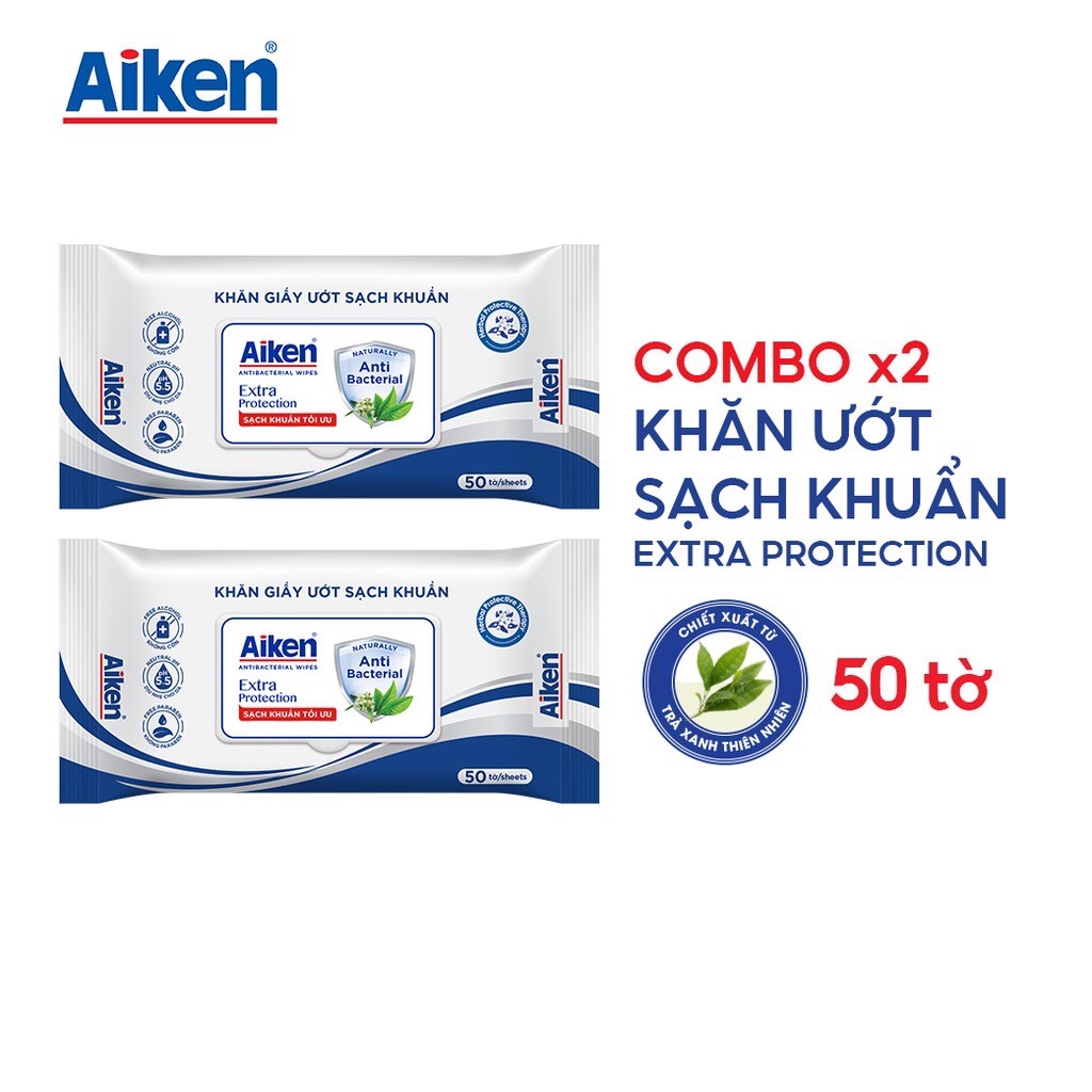 Aiken Combo 2 Gói Khăn Ướt Sạch Khuẩn Chiết Xuất Trà Xanh 50 tờ/gói