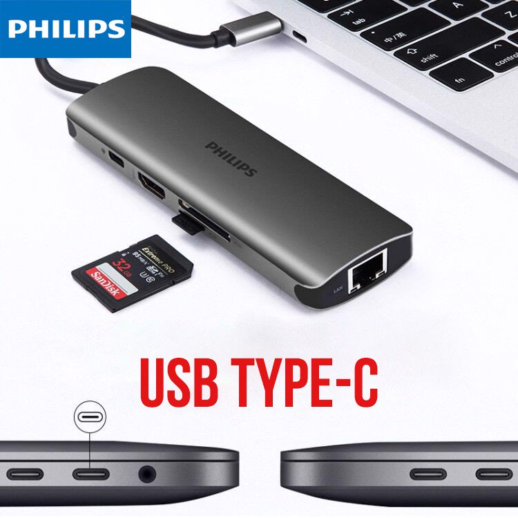 Hub / Bộ chuyển đổi USB-C 8in1 LAN, HDMI4k, SD, MicroSD Philips Có Dây - Hàng chính hãng