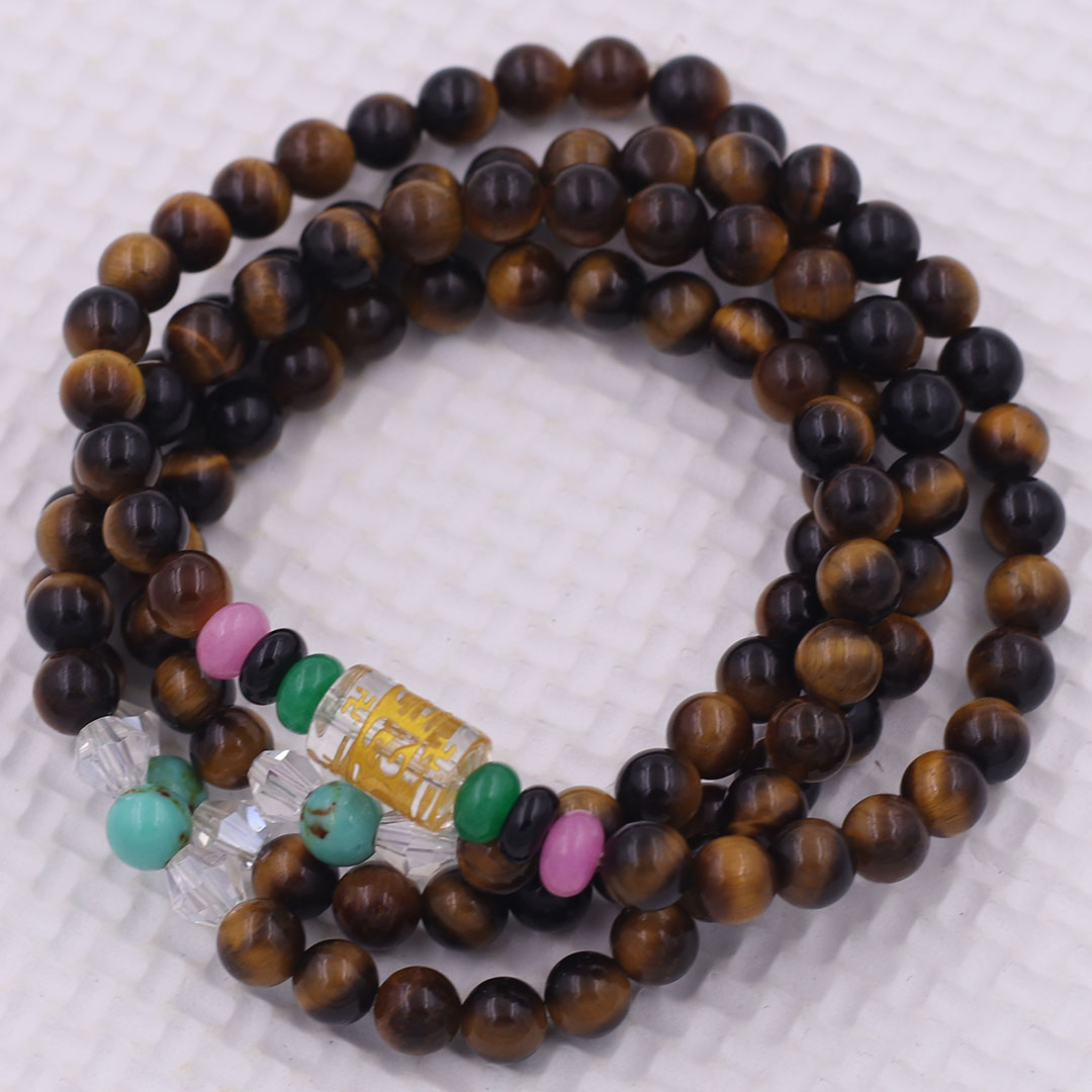 Vòng chuỗi 108 hạt đá mắt hổ vàng đen 6 ly charm lục tự kim ngôn, vòng chuỗi niệm Phật, vòng chuỗi đeo tay
