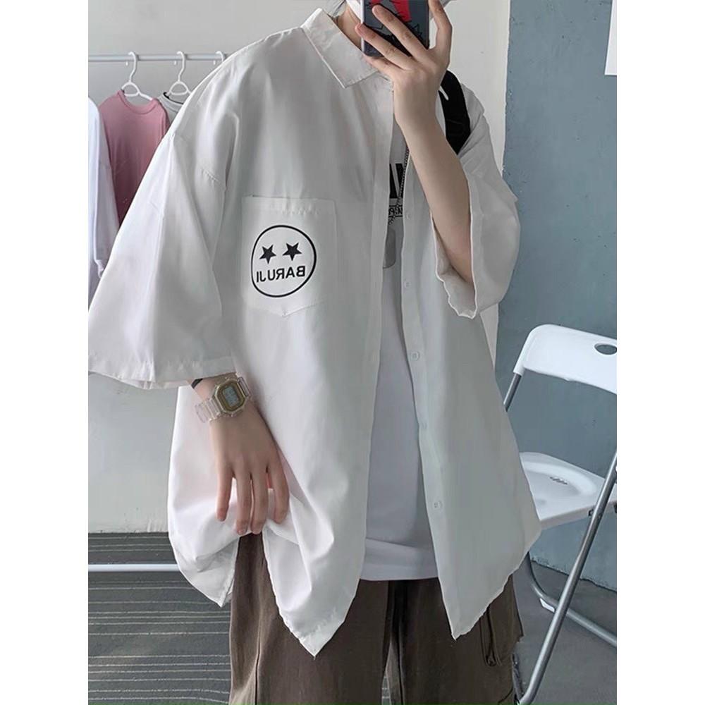 Áo sơ mi tay lỡ In Mặt Cười unisex kaki form rộng Quốc Dân nam nữ fullsize ulzzang