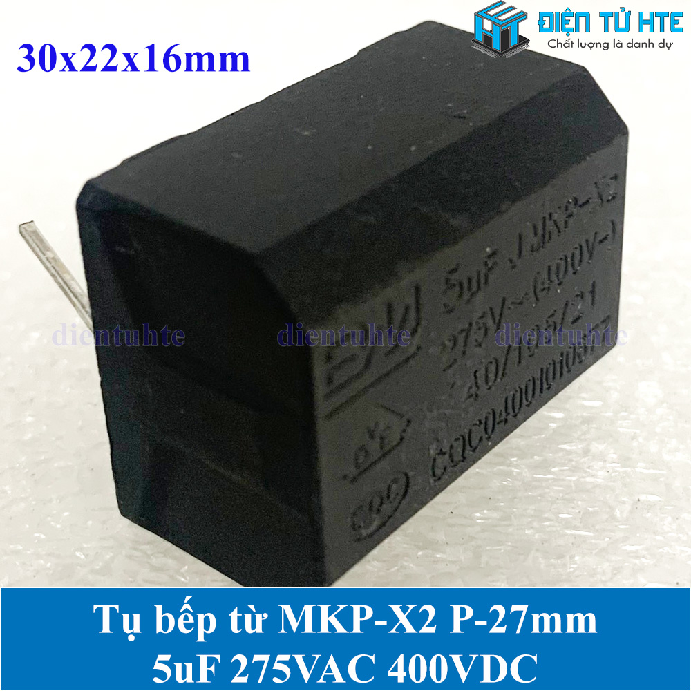 Tụ bếp từ MKP-X2 5uF 275VAC 400DC pitch 27mm Đen size 30x22x16mm