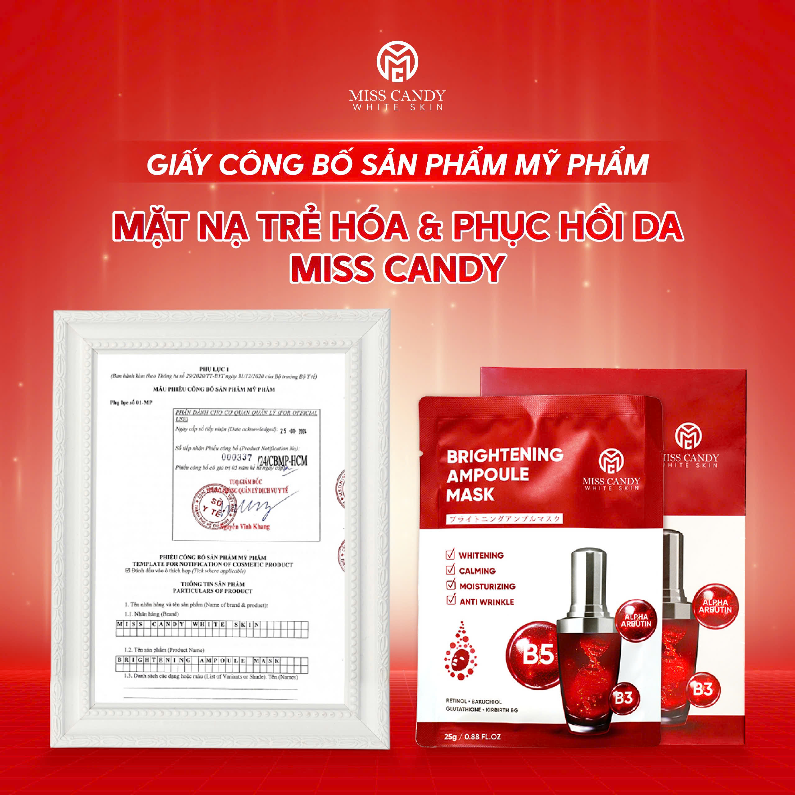 [MISS CANDY] Mặt Nạ Trẻ Hóa &amp; Phục Hồi Da BRIGHTENING AMPOULE MASK Miss Candy (Hộp 5 Miếng x 25g)