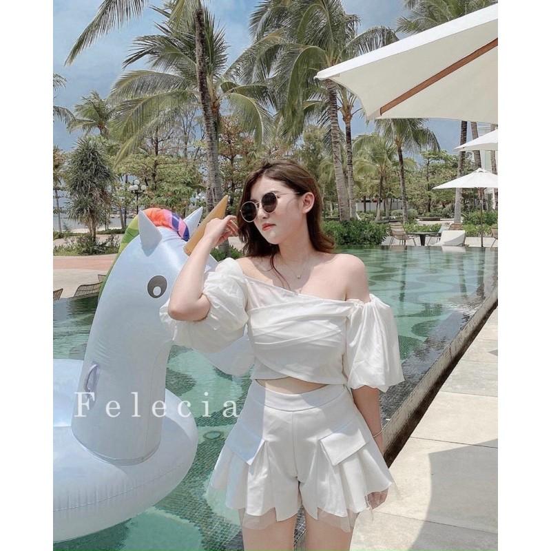 CHÂN VÁY XẾP LY ĐI BIỂN ÁO BẸT VAI TAY PHỒNG - GD143