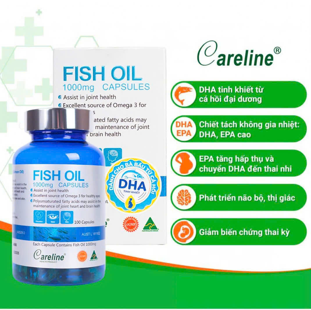 Viên dầu cá bổ sung DHA EPA cho bầu Careline Fish Oil 100 viên phát triển trí não thị giác thai nhi