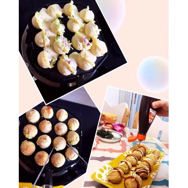 Khuôn nướng bánh bạch tuộc Toyaki Kiểu Nhật Cán Gỗ 14 ô Tuyệt Đẹp - Chảo Gang chống dính Chiên Bánh Khọt - Làm Đồ Nướng