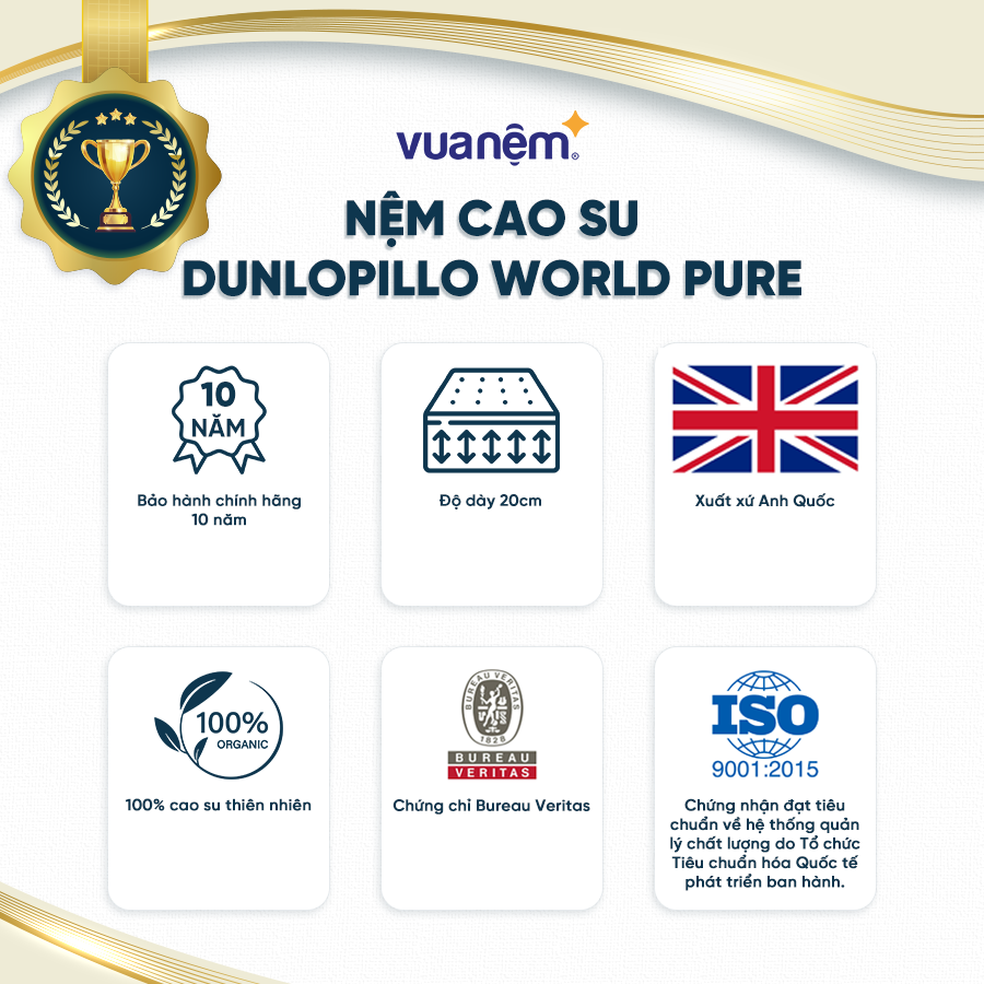 Nệm cao su cao cấp Dunlopillo World Pure đạt chuẩn quốc tế, sở hữu công nghệ Puro Tex giúp ngăn ngừa dị ứng, tái tạo sức khoẻ