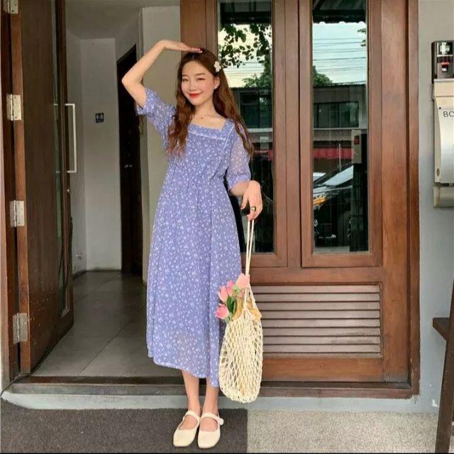 Đầm hoa nhí cổ vuông ngắn tay tiểu thư phong cách vintage Hàn Quốc ulzzang