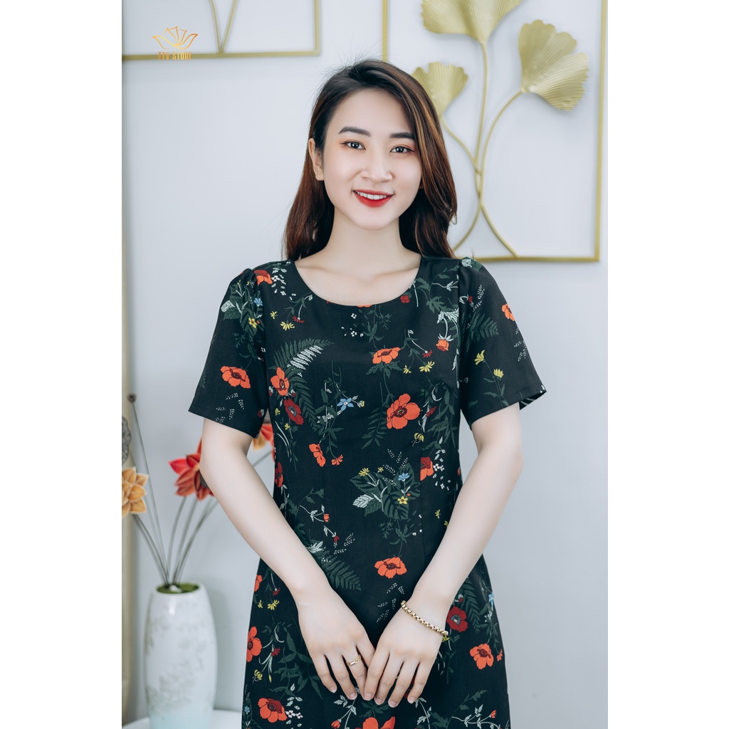 Đầm suông thiết kế trung niên sang trọng Cổ tròn tay ngắn màu Đen họa tiết hoa TTV STORE TTV1252