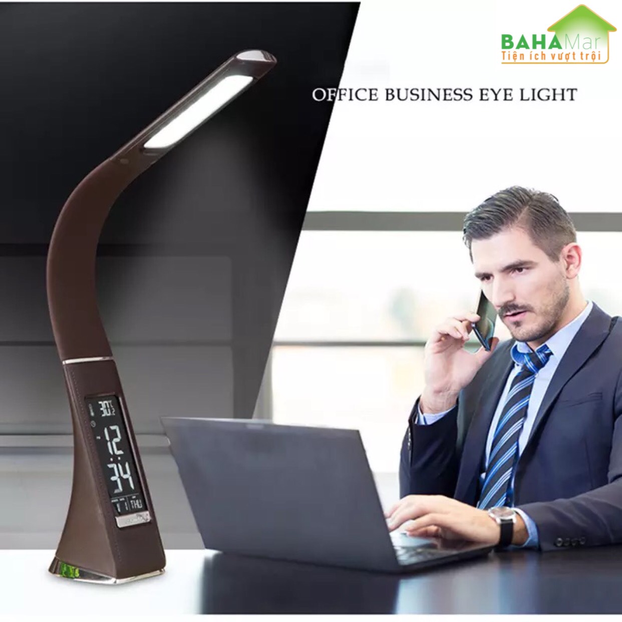 ĐÈN LED ĐỂ BÀN CHỐNG CHÓI CHỐNG CẬN  TIỆN DÙNG CHO HỌC TẬP, LÀM VIỆC VÀ ĐỌC SÁCH "BAHAMAR" tích hợp đồng hồ báo thức, lịch, thời gian và màn hình hiển thị nhiệt độ,có thể điều chỉnh 3 mức độ sáng mềm mại và không chói mắt