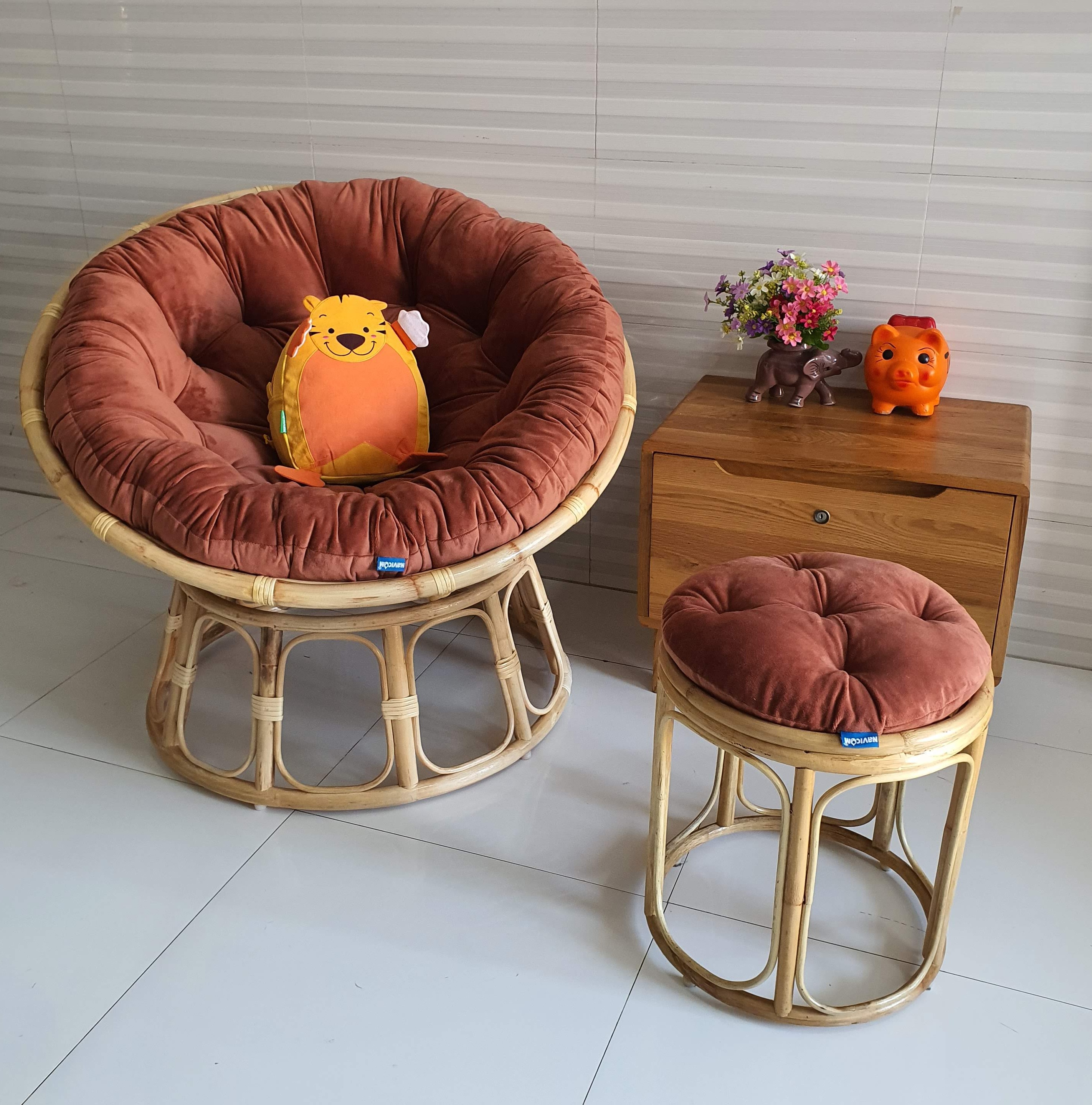 Bộ ghế thư giãn papasan + đôn ( vải nhung màu cam đất)