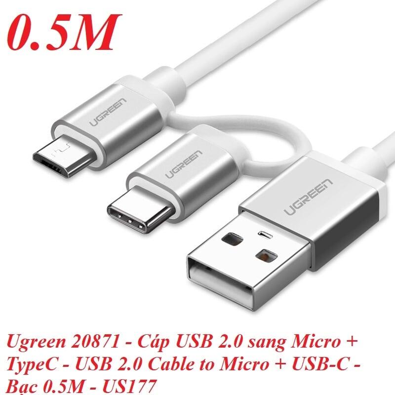 Ugreen UG20871US177TK 0.5M màu trắng Dây USB 2.0 sang Type-C đầu nhôm - HÀNG CHÍNH HÃNG