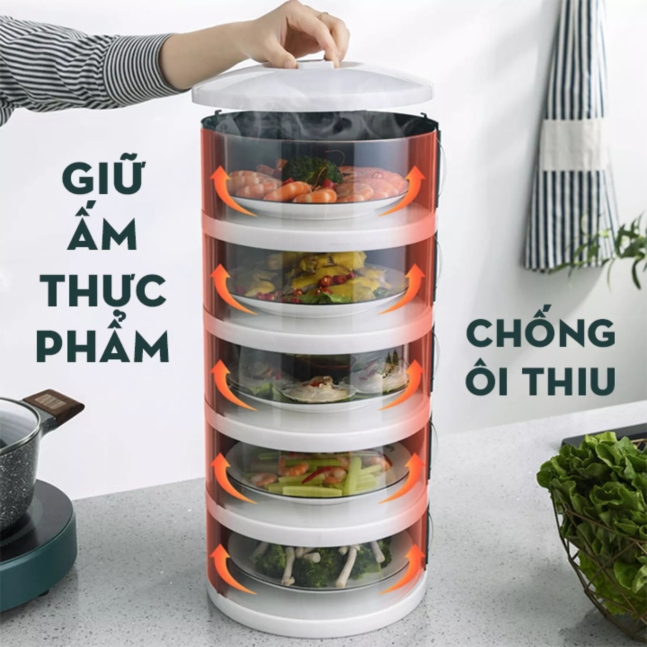 Lồng Bàn Đa Tầng, Khay Hộp Đậy Thức Ăn 5 Tầng MẪU CÓ TAY CẦM - Giữ Nhiệt Chống Bụi Côn Trùng Tiện Dụng, khay đậy thực phẩm hộp đựng thức ăn LOẠI LẮP SẴN