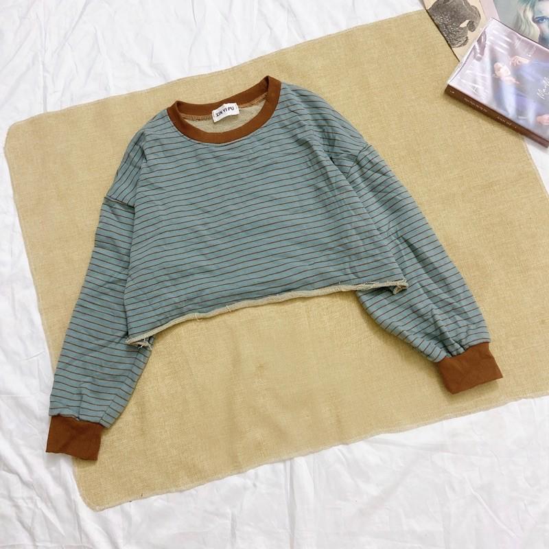 Áo croptop nỉ da cá kẻ ngang dài tay