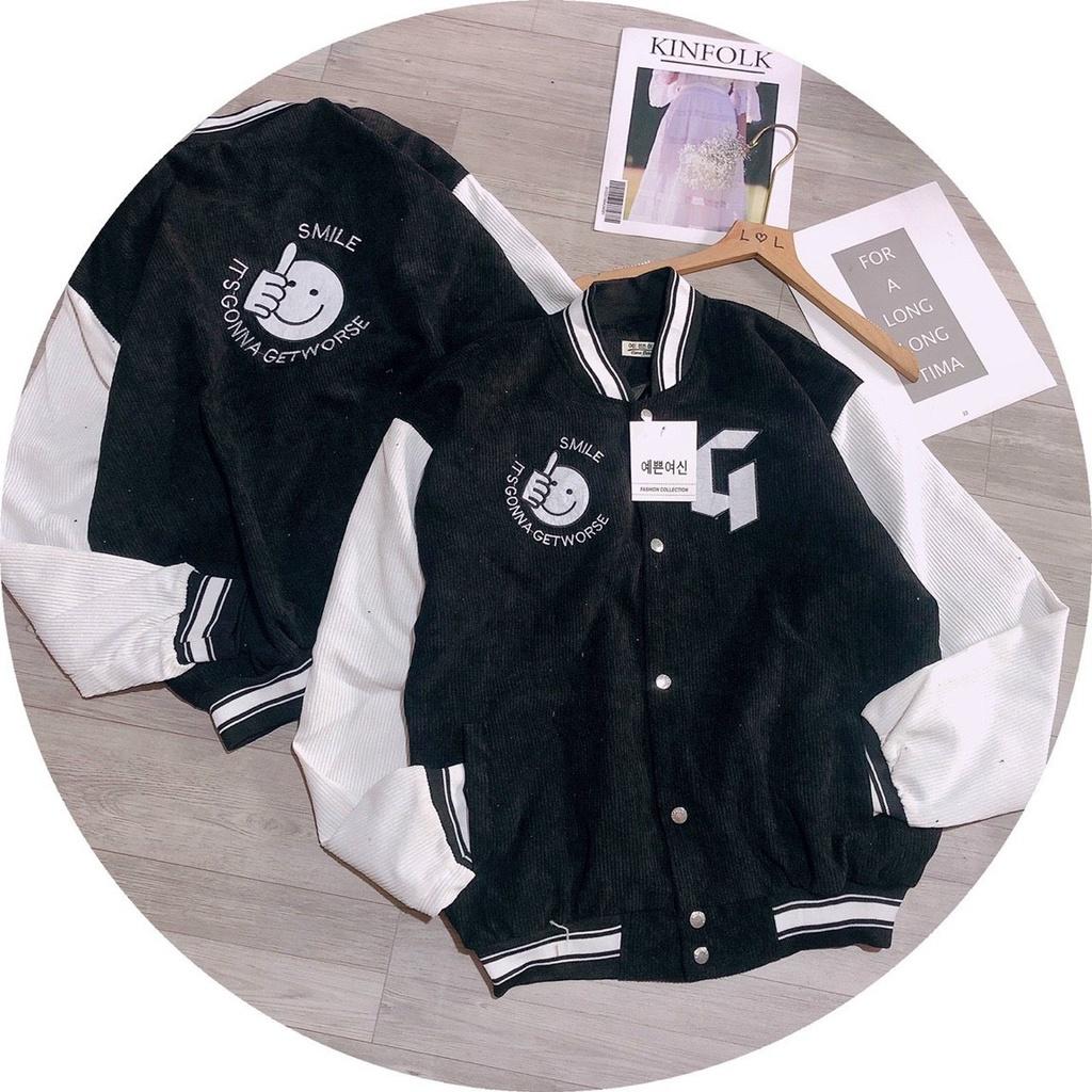 Áo Khoác Bomber Nhung Tăm 2 Lớp Thêu Hình Chữ G Mặt Cười Form Unisex Nam Nữ Giá Rẻ