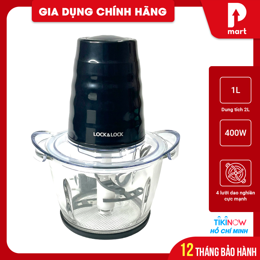 Máy Xay Thịt Cối Thủy Tinh Lock&amp;Lock Meat Chopper EJM156BLK 1 Lít - Hàng Chính Hãng, 4 Lưỡi Dao Cho Lực Nghiền Mạnh, Công Suất 400W