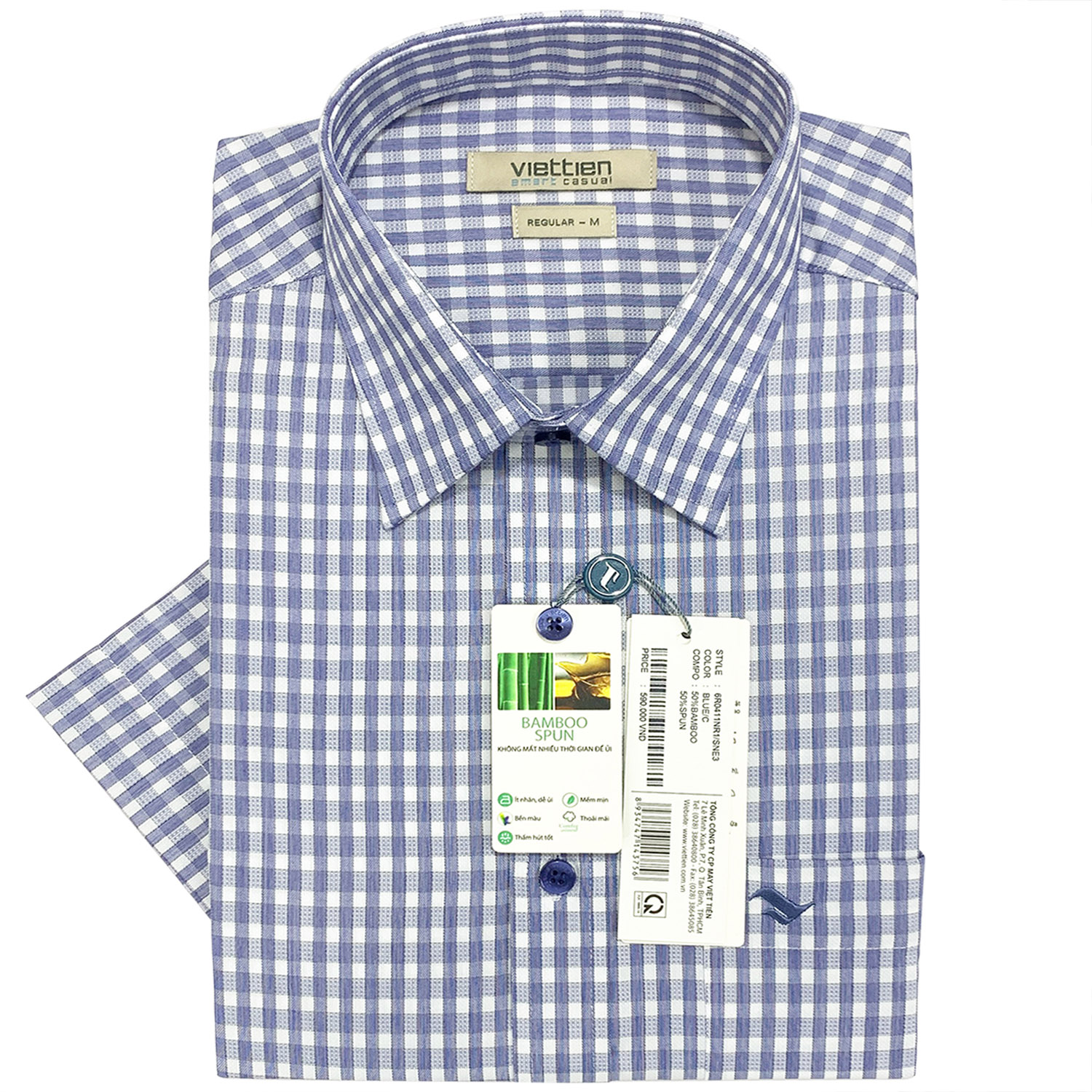 Viettien - Áo sơ mi nam ngắn tay xẻ tà lai ngang ca rô 6R0411 regular