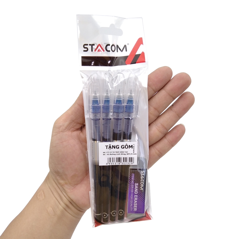 Vỉ 4 Bút Gel Stacom Nắp Đậy 0.38mm VGP1038-C - Mực Xanh (Kèm 1 Gôm Mực ER109)