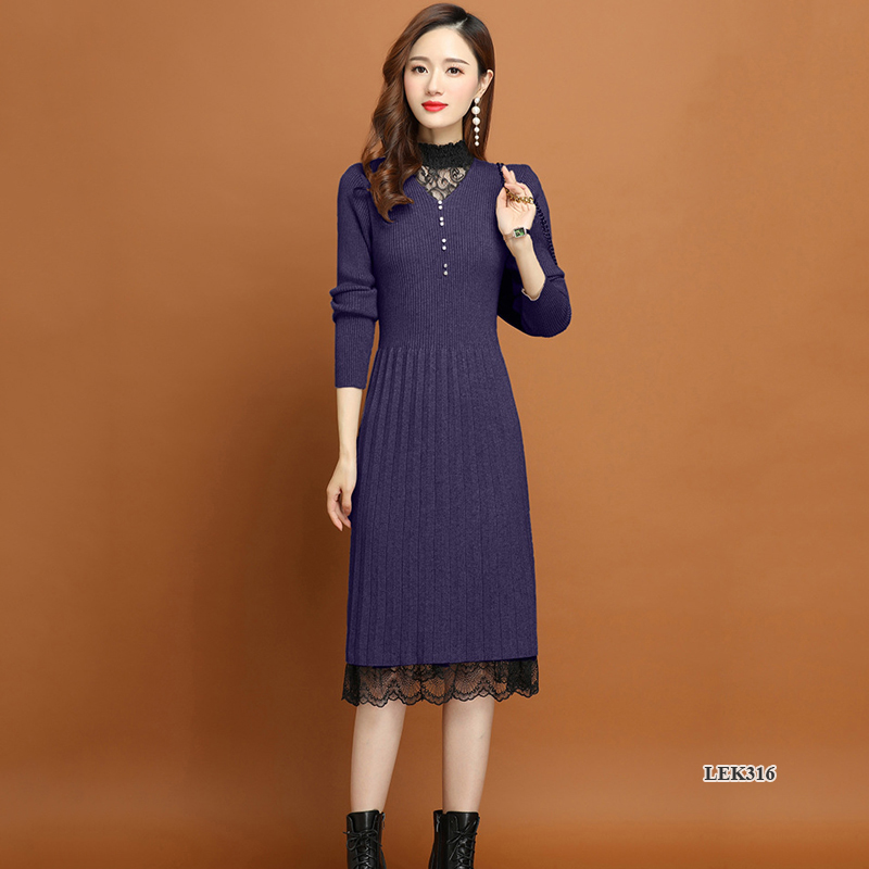 Váy len nữ phối ren thanh lịch sang trọng