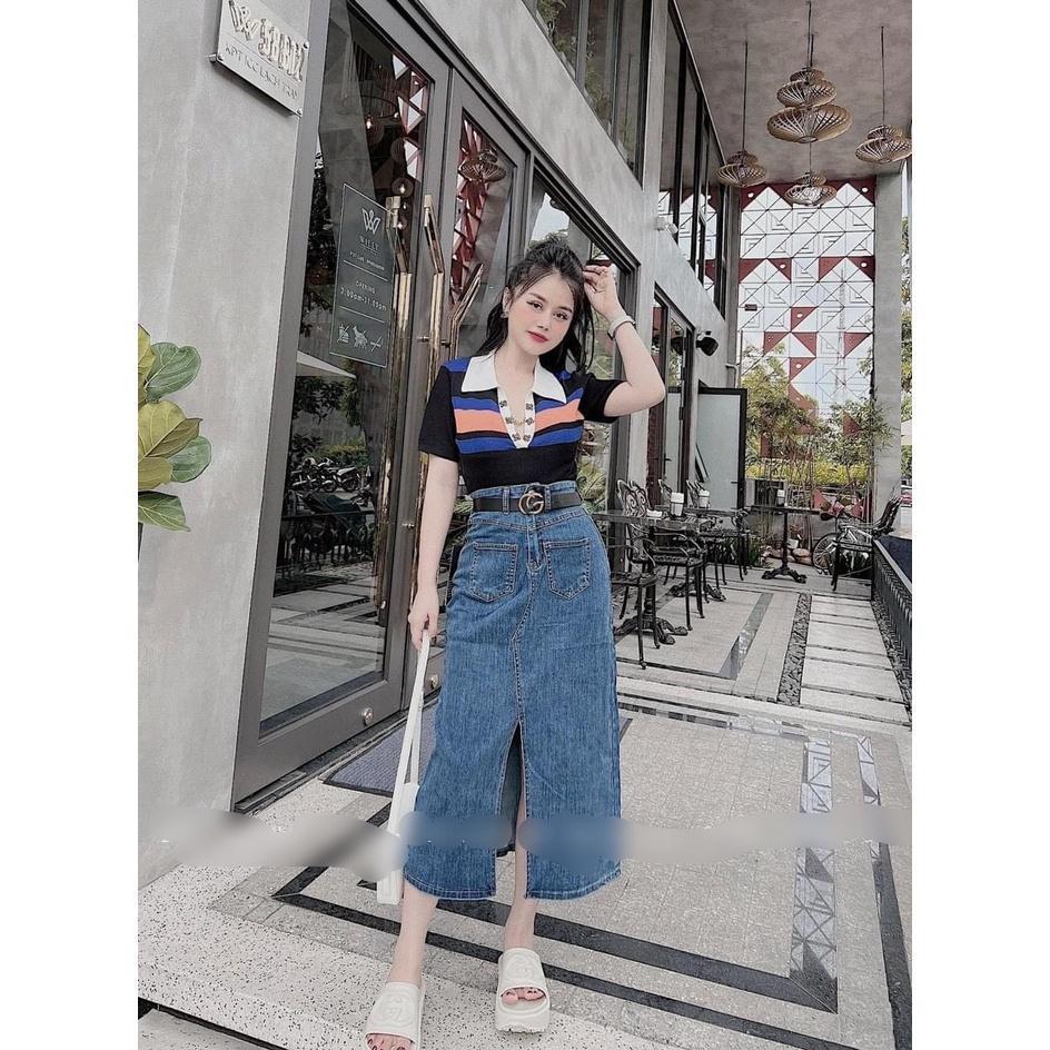 Váy jean xẻ trước co dãn 2 màu xanh đen