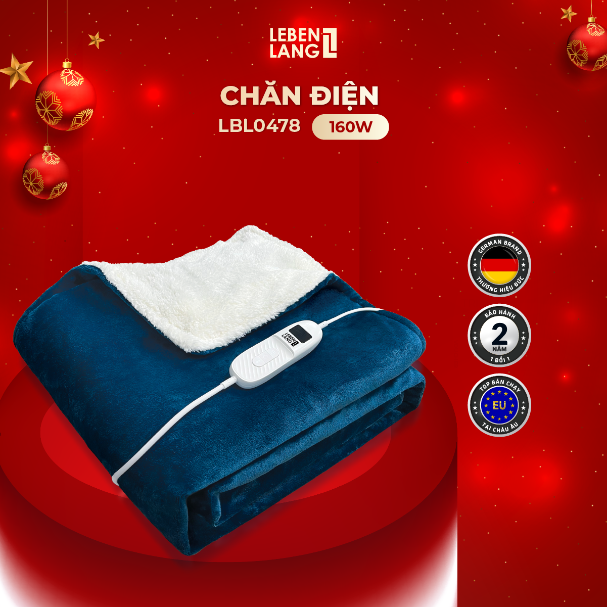 Chăn điện sưởi ấm Lebenlang LBL0478, đệm sưởi điện 160W, chất liệu lông thỏ 1m8x2m, 2 bảo hành - hàng chính hãng