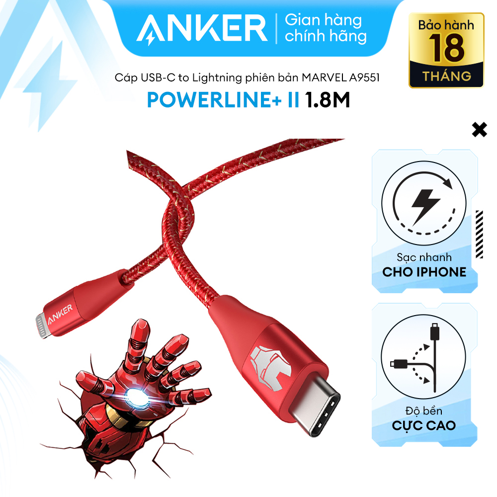 Cáp sạc ANKER PowerLine+ III USB-C TO li.ght.ni.ng dài 1.8M- A9551 phiên bản Marvel - Hỗ trợ sạc nhanh cho iPhone thông qua củ sạc PD hoặc PiQ 3.0