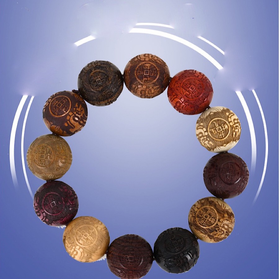 VÒNG TAY CHUỖI 12 LOẠI GỖ 20ly KHẮC TỲ HƯU CHIÊU TÀI TIẾN BẢO THU HÚT TÀI LỘC , BÌNH AN