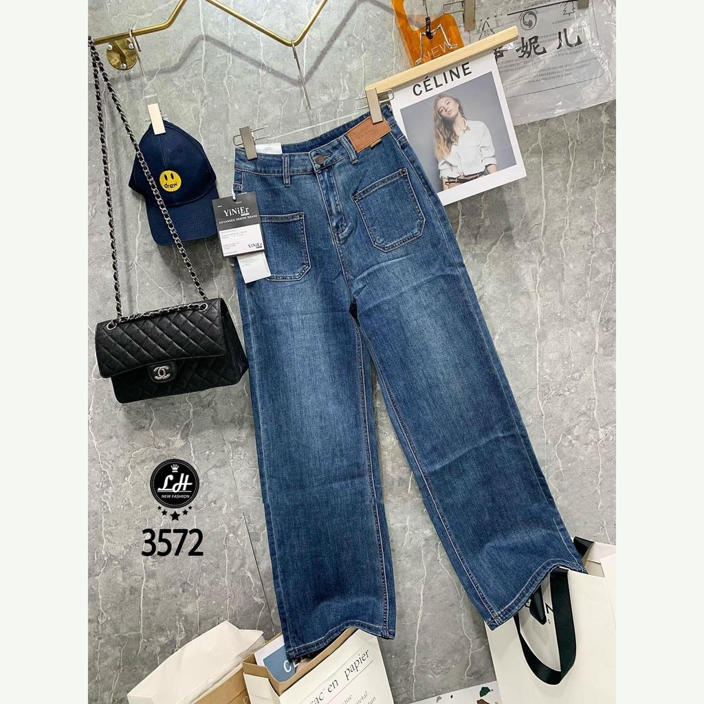 Quần jean nữ ống rộng, quần bò màu xanh túi đấp vuông lưng có tag dễ thương cho nàng Lê Huy Fashion MS 3572
